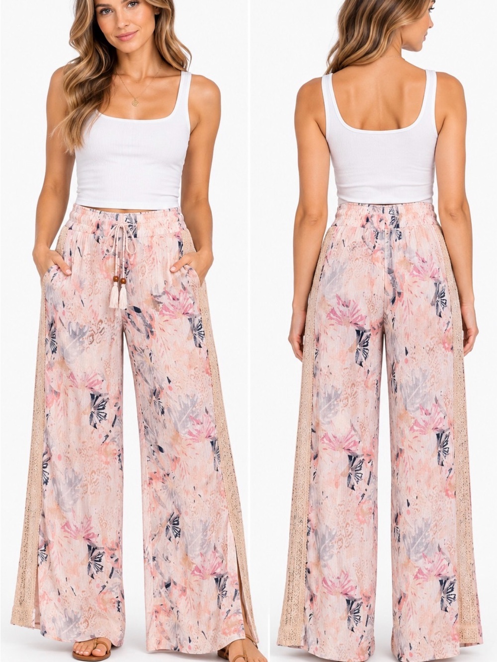 Rewash NWT Floral Wide Leg Pants Lace Side Panels XS